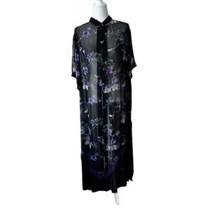T Rose Sheer Maxi Duster Floral Mandarin Collar SZ 2X